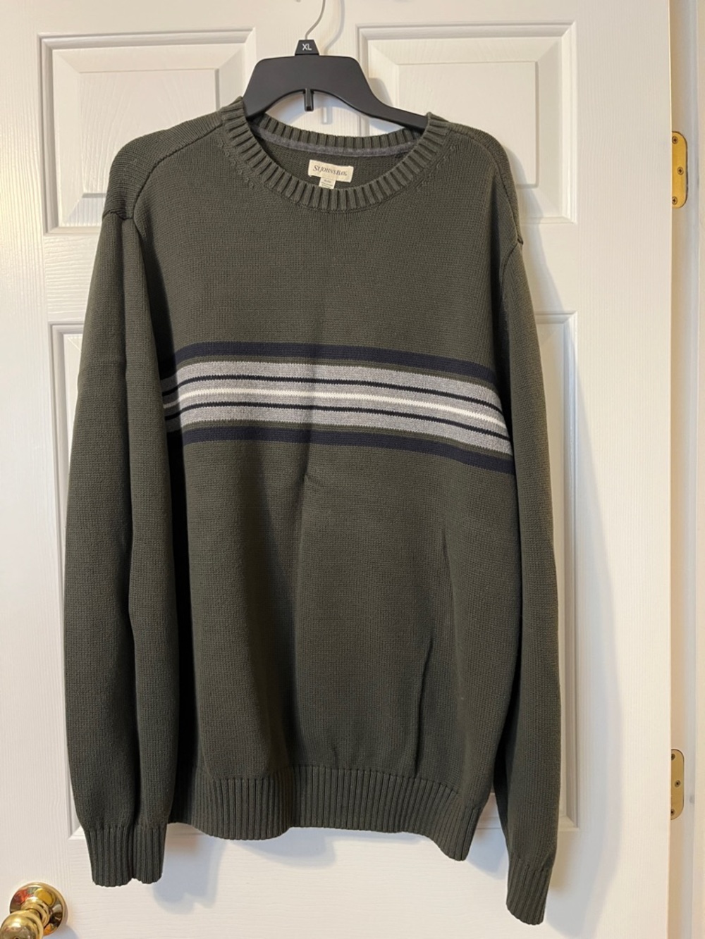 St. John's Bay Men's Olive Crewneck Sweater with Navy and Gray Stripes